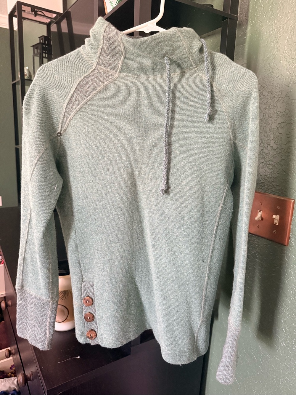 Prana Mint Green Knit wool “Hoodie” with Braided Trim